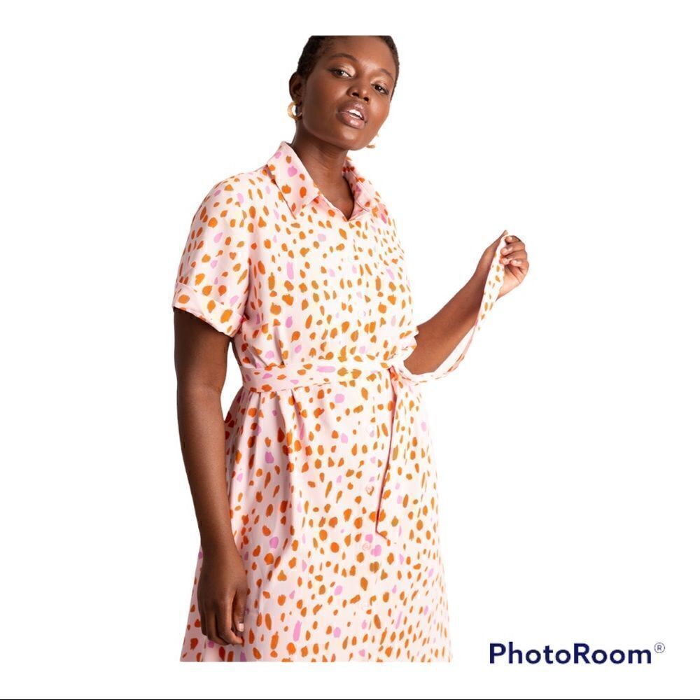 Eloquii Pink Maxi Shirt Dress with Orange Spot Print - Picture 4 of 8